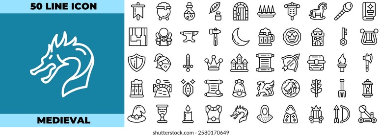 Medieval Line Editable Icons set. Vector illustration in modern thin line style of medieval icons: fantasy, knight, rpg, etc