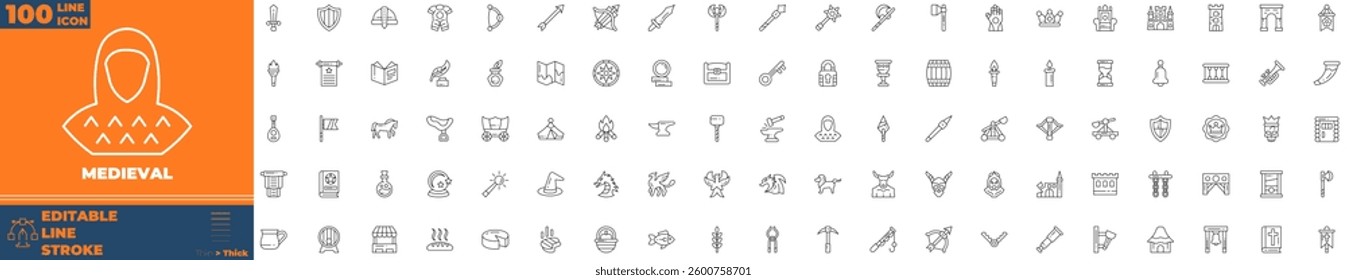 Medieval Line Editable Icons set. Vector illustration in modern thin line style of medieval icons: medieval, fantasy, knight, etc