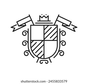 Medieval line heraldry coat of arms symbol. Isolated vector outline emblem of identity for knights and noble families, displayed on shield with flags and crown, representing lineage, honor or alliance