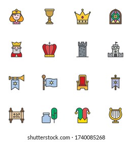 Medieval line icons set, outline vector symbol collection, linear style pictogram pack. Signs, logo illustration. Set includes icons as royal crown, king, princess, castle tower, flag, throne, harp