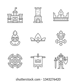 Medieval linear icons set. Kingdom, tower, king crown, helm, queen crown, burning torch, shield, flag, knight in armor. Thin line contour symbol. Isolated vector outline illustrations. Editable stroke