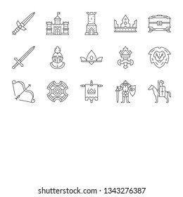 Medieval linear icons set. Knights and accessiries. Kingdom. Thin line contour symbols. Isolated vector outline illustrations. Editable stroke