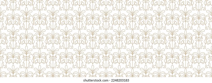 Medieval linear seamless pattern with lions and palm trees vector illustration
