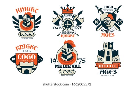 Medieval Logo Design Collection, Middle Ages Knight Club Badges Vector Illustration on White Background