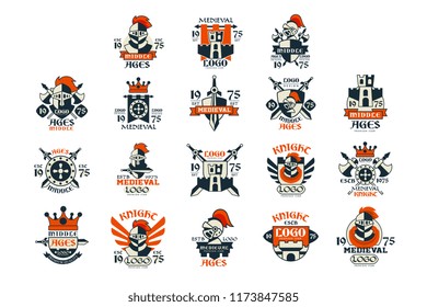 Medieval logo design set, middle ages vintage emblem vector Illustrations