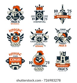 Medieval logo design set, middle ages vintage emblem vector Illustrations