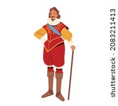 Medieval Lord, Character of 16th Century, Royal Middle Ages Personage Wear Luxury Clothes and Walking Cane, Aristocrat, Ancient Baron Isolated on White Background. Cartoon People Vector Illustration