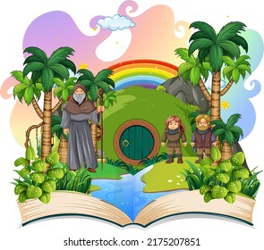 Medieval magic land scene on open book illustration