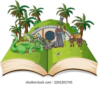 Medieval magic land scene on open book illustration svg