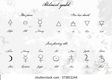 Medieval Magical Alchemical science signs set, hand-drawn ink style. Primes, basic elements, planetary metals with hand drawn vintage title. Alchemy collection. philosophy, occultism.