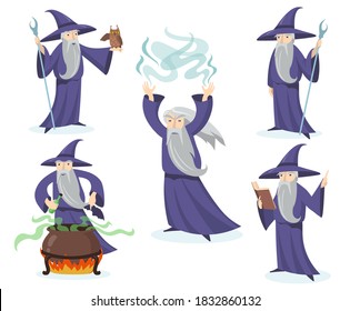 Medieval magician set. Wizard in hat and gown using different accessory, mage with owl, warlock boiling potion in cauldron Vector illustration for witchcraft, magic, fantasy concept