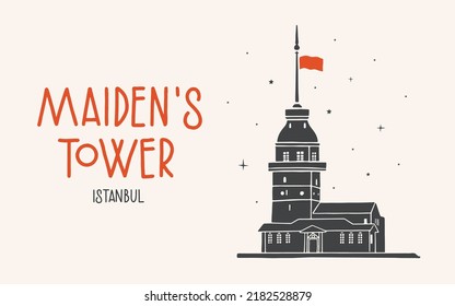 Torre de la Mujer Medieval o Kyz Kulesi. Un símbolo popular de Estambul. Vista turística de Turquía. Elemento de diseño para los productos de recuerdo. Ilustración vectorial aislada.