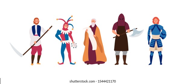 Medieval male characters flat vector illustrations set. Cartoon executioner, peasant, herald, brave knight and happy jester. Masquerade costumes, historic people isolated on white background.