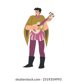 Homem medieval Bard personagem Jogar alaúde em pé Pose Vetor Ilustração