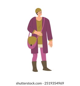 Medieval Man Character with Bag in Standing Pose Vector Illustration