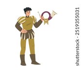 Medieval Man Herald Character with Horn in Standing Pose Vector Illustration