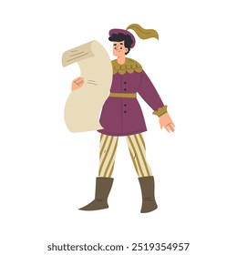 Medieval Man Herald Character with Scroll in Standing Pose Vector Illustration