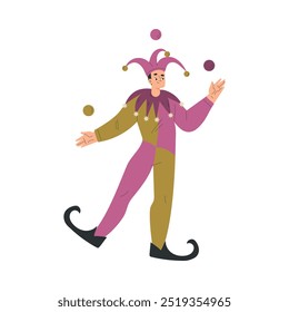 Malabarismo Homem Medieval Jester Personagem Bolas em pé Pose Vetor Ilustração