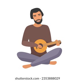 Medieval man playing guitar. Musician playing lute, medieval bard cartoon vector illustration