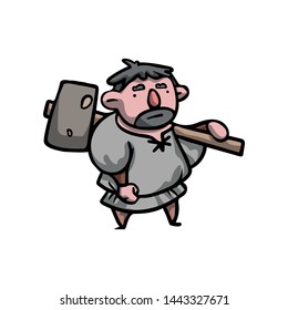 Medieval man stone worker with big long hammer