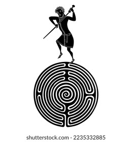 Medieval man with a sword on a round spiral maze or labyrinth symbol. Creative concept. Hero archetype. Black and white silhouette.