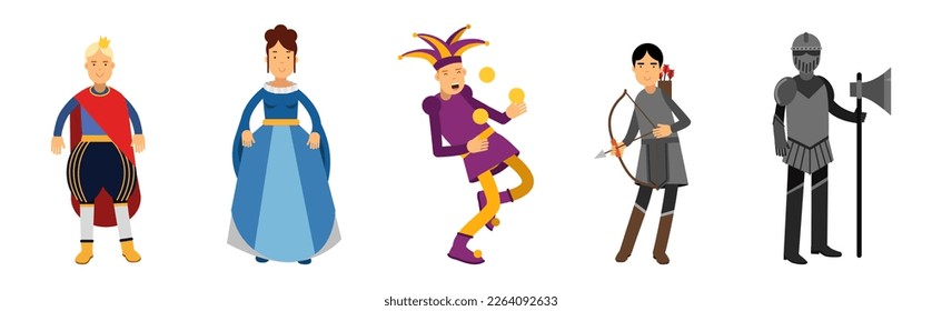 Medieval Man and Woman Character with Prince, Jester, Archer, Knight and Lady-in-waiting Vector Set