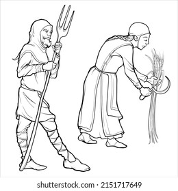 Medieval man and woman peasants working in the field. Medieval gothic style concept art. Design element. Black line drawing isolated on white background. EPS10 vector illustration