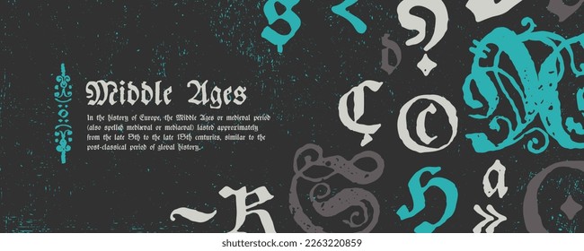 Medieval manuscript frame with blackletter pattern. Template for vintage greeting card, gothic banner, gift voucher, pirate grunge labels, horror label. Vector illustration with illuminated initials.