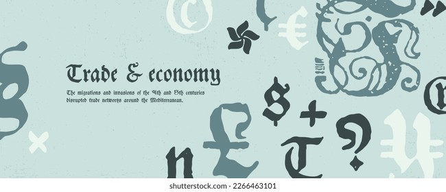 Medieval manuscript frame with blackletter pattern. Template for vintage greeting card, gothic banner, gift voucher, pirate grunge labels, horror label. Vector illustration with illuminated initials.