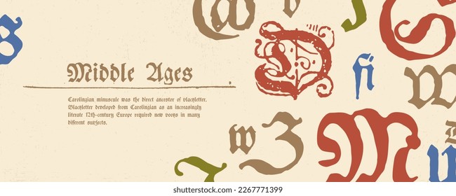 Medieval manuscript frame with blackletter pattern. Template for vintage greeting card, gothic banner, gift voucher, pirate grunge labels, horror label. Vector illustration with illuminated initials.