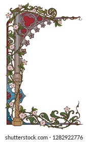 Medieval manuscript style rectangular frame. Gothic style pointed arch braided with a rose garlands. Vertical orientation. EPS10 vector illustration