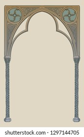 Medieval manuscript style rectangular frame. Gothic style pointed arch. Vertical orientation. Vintage color palette. Hand drawn image isolated on monochrome background. EPS10 vector illustration