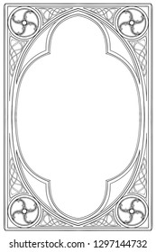 Medieval manuscript style rectangular frame. Gothic style pointed arch. Vertical orientation. Vintage color palette. Hand drawn image isolated on monochrome background. EPS10 vector illustration