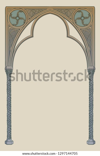 Medieval manuscript style rectangular frame. Gothic style pointed arch