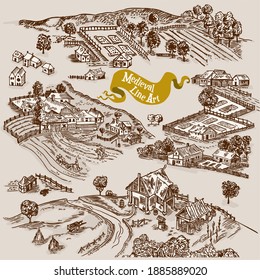 Medieval Map Elements Engraving And Woodcut Style Vector Cartography Illustration