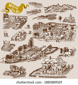 Medieval map elements engraving and woodcut style vector cartography illustration