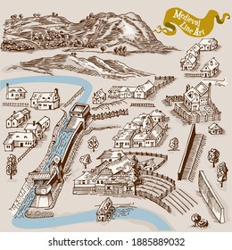 Medieval map elements engraving and woodcut style vector cartography illustration