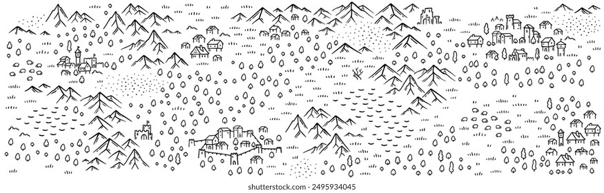 Medieval map horizontal format. Middle Ages kingdom map. Hand drawn vector on a white background.