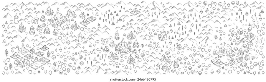 Horizontales Schiebereglerformat für mittelalterliche Karten. In: Middle Alters Kingdom Map. Vektorgrafik bearbeitbarer Konturstrich.