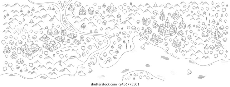 Medieval map with lake and river horizontal slider banner format. Middle Ages kingdom map. Vector editable outline stroke.