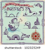 Medieval Map Symbols and Monsters - Hand drawn maritime monsters from medieval nautical maps