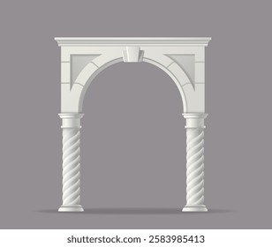 Medieval marble arch. Ancient castle gate with pillars and columns made of natural stone. Traditional antique Greek and Roman architecture. Realistic 3D vector illustration isolated on background