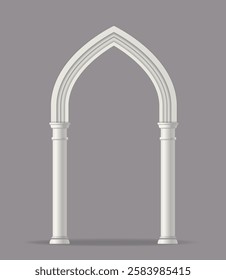 Medieval marble arch. Antique Arabic gates with columns and pillars made of natural stone. Ancient Traditional Greek and Roman Architecture. Realistic 3D vector illustration isolated on background