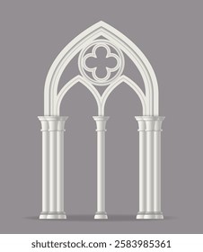 Medieval marble arch. Traditional Roman architecture. Ornate ancient gate with stone columns. Antique entrance to castle or palace. Realistic 3D vector illustration isolated on background