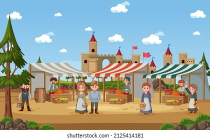 Escena de mercado medieval con ilustración de aldeanos