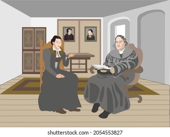 Medieval Married Couple In A Flat Style Image Suitable For The Day Of The Reformation, Matrimony, Protestantism, Bible Reading.
