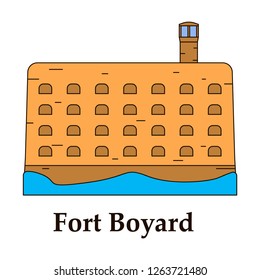 Medieval mediterranean fortress with towers icon. Ancient historical fort isolated on color background. Fort boyard