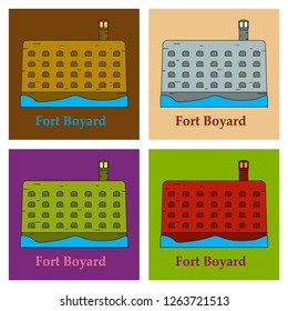 Medieval mediterranean fortress with towers icon. Ancient historical fort isolated on color background. Fort boyard