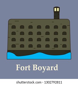 Medieval mediterranean fortress with towers icon. Ancient historical fort isolated on color background. Fort boyard