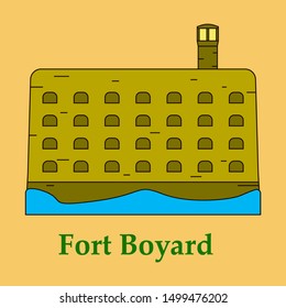 Medieval mediterranean fortress with towers icon. Ancient historical fort isolated on color background. Fort boyard